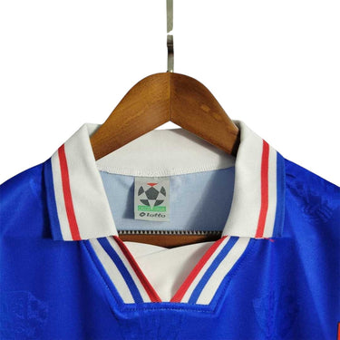 KODAA SPORT retro Croatia 1998 home football shirt. Blue jersey with white collar and red/blue trim. Iconic football.