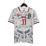 KODAA SPORT Mexico 1998 retro football jersey with Aztec-inspired print, white with grey and red accents, featuring the number 11.