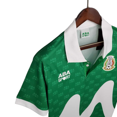 KODAA SPORT 1995 Mexico retro home football shirt in green with white collar and repeating ABA SPORT logo pattern.