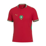 KODAA SPORT Morocco 2026 World Cup home jersey. Red, green, and gold design with team crest and Puma logo. Breathable fabric.
