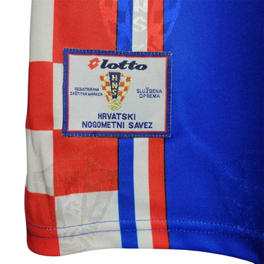 KODAA SPORTS Croatia 1998 retro home football shirt with iconic red and white checkerboard pattern and blue sleeves.