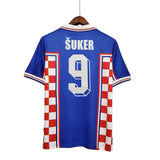 KODAA SPORTS Croatia 1998 retro home football shirt with Suker 9 on the back. Blue with red and white checkered sides.