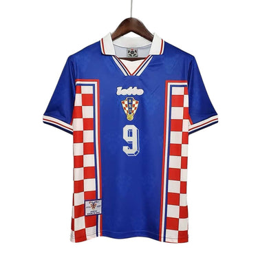 KODAA SPORTS Croatia 1998 retro home football shirt with iconic red and white checkerboard sides and blue body.