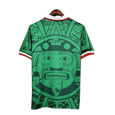 KODAA SPORTS Mexico 1998 retro home football shirt with Aztec sun stone graphic, white collar and red/white trim.