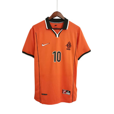 KODAA SPORTS Netherlands 1998 retro home football shirt, orange with black and white collar and sleeve trim, featuring number 10 and KNVB crest.